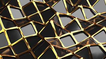 The golden and polygonal lowpoly grille has a black reflective surface in a minimalist design. Abstract 3d illustration background