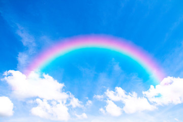 White clouds in blue sky with sunlight and rainbow, the beautiful sky with clouds have copy space for the background.