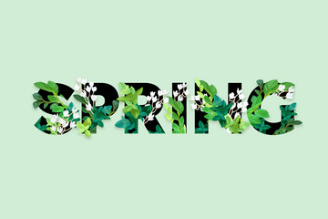 Spring floral eco design with white lily flowers, green leaves, succulent plants and integrated 3d typography. Vector template for poster, flyer, banner or card. Illustrated nature background. - 315963743