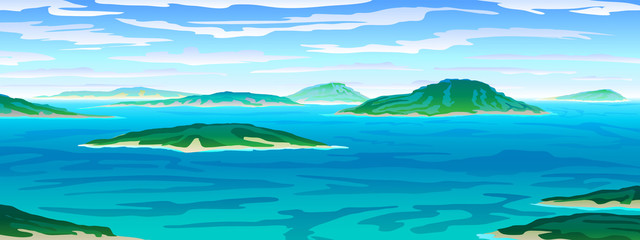 vector Tropical ocean landscape with island at turquoise ocean waives with near beach. eps 10 illustration background View of blue paradise - obrazy, fototapety, plakaty
