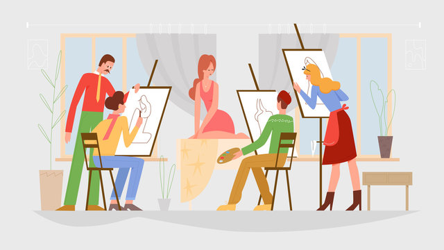 Art class, drawing lesson vector illustration. Model and artists, posing woman and people painting portrait, teacher and students flat characters. Art school, master class, getting art education