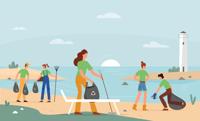 Fototapeta premium Volunteer activity, beach garbage collection vector illustration. Male and female volunteers, young people with broom and garbage bags flat characters. Environmental cleanup, volunteering concept