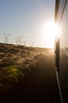 Views from the train in the Columbia River Gorge at sunrise in Oregon.