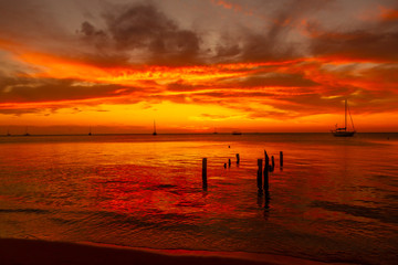 Orange sunset on the West End beach of Roatan. Honduras