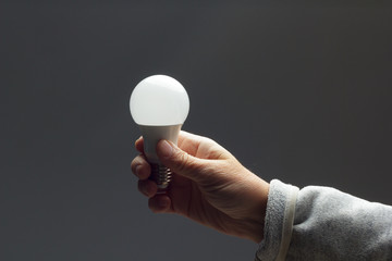 Energy saving light bulb in the hand of an adult