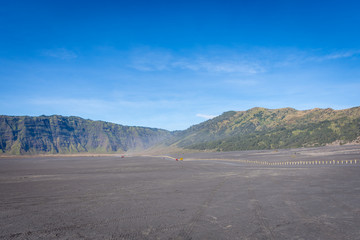 A field of black sand on Bromo. Mount Bromo is an active volcano and one of the most visited tourist attractions in East Java, Indonesia.