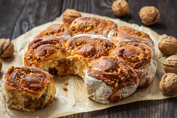 Homemade cinnamon and walnut swirl buns.