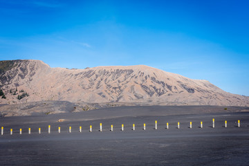 A field of black sand on Bromo. Mount Bromo is an active volcano and one of the most visited tourist attractions in East Java, Indonesia.