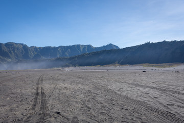 A field of black sand on Bromo. Mount Bromo is an active volcano and one of the most visited tourist attractions in East Java, Indonesia.