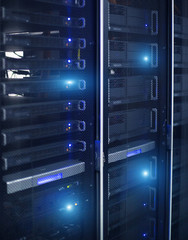 Vertical Format. Rows of server racks. Blue Technology Backfround. 