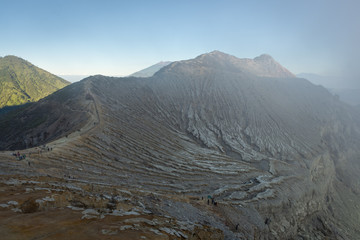 Stunning path with beautiful view on Ijen Crater. Ijen Crater is a volcanic tourism attraction in Indonesia, located on East Java, famously contains the world’s largest acidic volcanic crater lake.