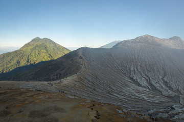 Stunning path with beautiful view on Ijen Crater. Ijen Crater is a volcanic tourism attraction in Indonesia, located on East Java, famously contains the world’s largest acidic volcanic crater lake.