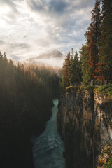 Stunning Sunrise with mist covering the mountains and River in the forest in Banff National Park in the Canadian Rockies