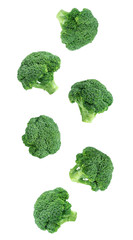 Falling broccoli isolated on a white background. Flying vegetables for packaging design.