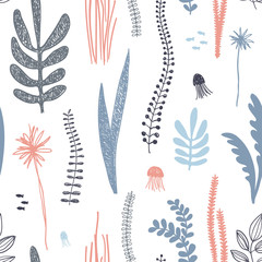 Fototapeta na wymiar Hand drawn seamless vector pattern. Trendy pattern with algae and jellyfish on a white background for printing, fabric, textile, manufacturing, wallpapers.