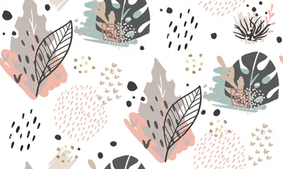 Papier peint Cercles Motif exotique sans couture avec des plantes tropicales et des éléments de paillettes d& 39 or. Vecteur