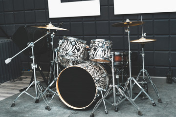 Fototapeta na wymiar Creativity and music. Drums and drum sets. Recording Studio. Musical equipment.