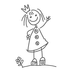 The little princess smiles and waves us a hand. Children's drawings. Doodle style. A child in a dress with three large buttons and a crown on his head stands on the ground, a flower grows nearby