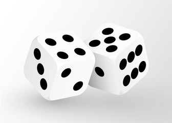 Realistic game dice icon in flight closeup isolated on white background. Casino gambling design template for app, web, infographics, advertising, mockup.
