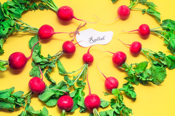 Fresh radish with leaves on a yellow paper background.