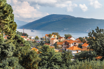 Aerial view of the city of Herceg Novi and Kotor Bay from Spanjola fortress, Montenegro. 
