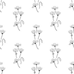 Seamless background of lovely black and white poppies on white background. Endless pattern for your design.