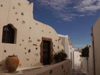 Temples and monasteries of the historical part of the Emporio, the largest village of Santorini,Greece.