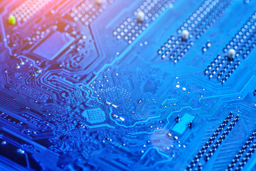 blue circuit board background of computer motherboard,Electronic computer hardware technology.Integrated communication processor. Information engineering component. Blue color.