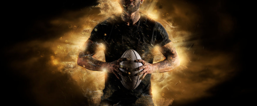 Rugby football player. Sports banner