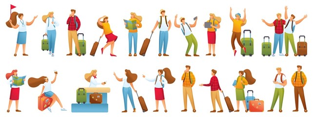 Large set of 2D characters, tourists on vacation, at the airport, on excursions. For Vector illustrations