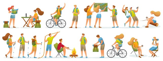 Large set of 2D characters, outdoor activities, camping. For vector illustrations