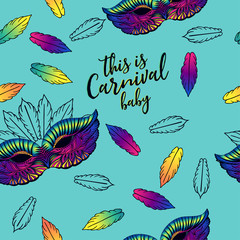 Seamless pattern for carnival party with feathers and carnival mask. Printing fabric textile.