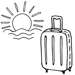 Hand-drawn illustration. Suitcase and the  sun over the sea. Simple sketch, outline,  silhouette. Cute Doodle drawing on  a white background.