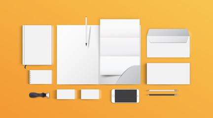 Corporate identity branding design. Stationery mockup vector full set. Template folder and letter, visiting card and envelope. Empty objects on orange bright background for presentation company style.