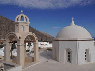 Temples and monasteries of the historical part of the Emporio, the largest village of Santorini,Greece.