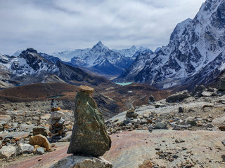 Breathtaking view on Ama Dablan Valley on the way down from Cho La pass. Everest base camp trek:...