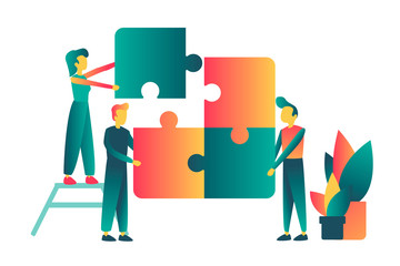 Vector concept of creative teamwork with puzzle and characters
