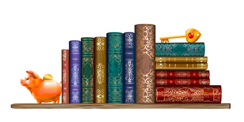 ПечатBooks on the shelf. Wall sticker. Artistic, hand-drawn image of red old books with a gold key and a piggy Bank standing on a shelf on a white background.ь