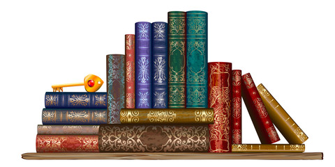 Books on the shelf. Wall sticker. Artistic, hand-drawn image of colorful old books with a Golden key standing on a shelf on a white background. 