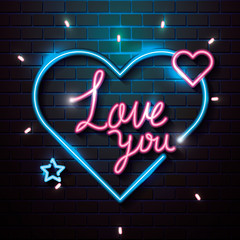 love you lettering of neon light vector illustration design