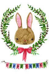 Watercolor hand drawn Easter card.  Greeting Easter postcard with watercolor bunny.