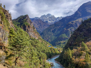 Picturesque view on Dudh Koshi river valley. Everest base camp trek: way down from Namche Bazar to Surke and Paiya. Himalayas, Solokhumbu, Nepal.