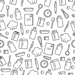 Seamless of outline tools for cooking. Kitchen objects and products pattern. Vector baking background with black line elements.