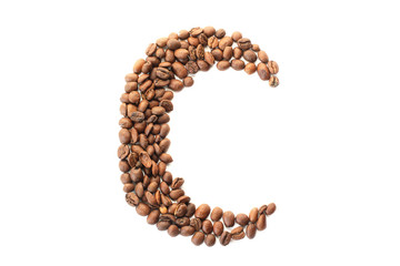 Coffee beans. Letter C made from coffee beans on a white background. Brown