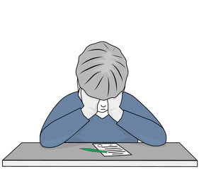 man sitting holding his head over a document. problems with documents. debentures. vector illustration.