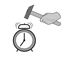 hand with a hammer falls on the alarm clock. morning rise. vector illustration.
