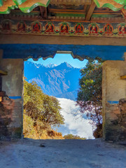 A gateway at the top of Taksindu La pass. Everest base camp trek: from Taksindu to Salleri. Himalayas, Nepal.