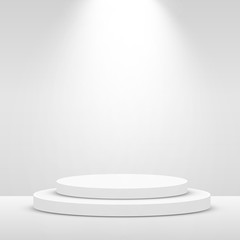 Stage Podium Scene for Award Ceremony illuminated with spotlight. Award ceremony concept. Stage backdrop.