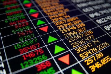 Businesss, Finance and Industry trading concept. Financial data screeen. Strong depth of field with copy space or background usage. All numbers or names are imitation, not real.