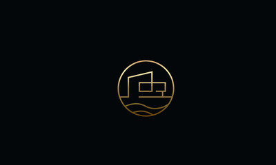 A minimal line art house icon logo with waves 